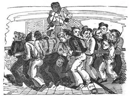 A fiddler plays a capstan shanty to lead sailors pushing the capstan bars