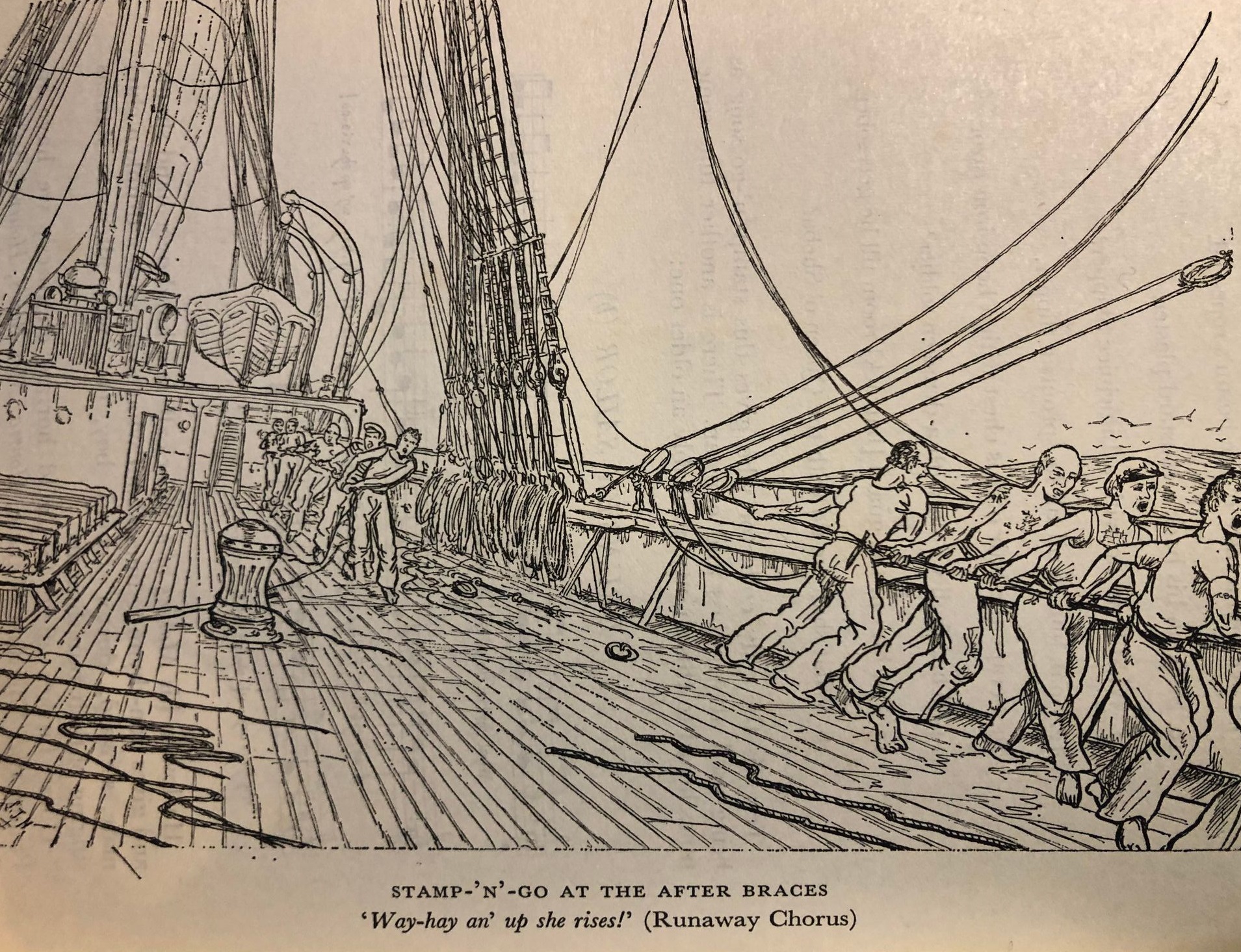 Sailors singing stamp -n- go shanty while hauling braces