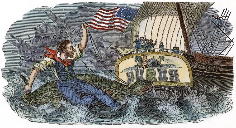 Illustration of the legendary sailor Stormalong, the mythical giant shantyman hero mourned in the halyard shanty that bears his name