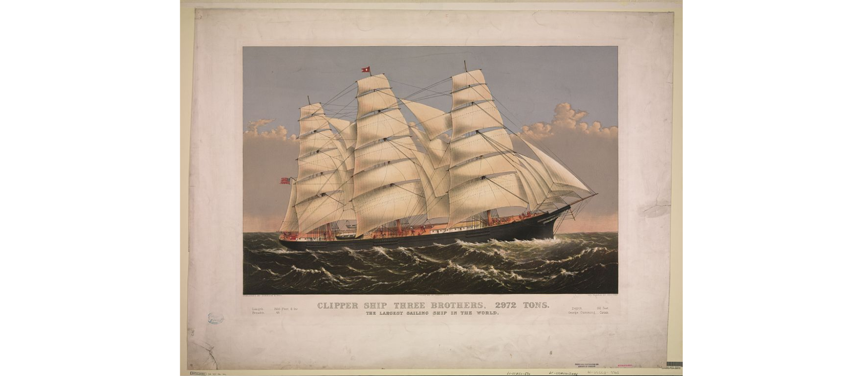 The Yankee clipper Three Brothers under full sail — Blow Boys Blow was a halyard shanty of the China clipper trade of the 1850s and 1870s